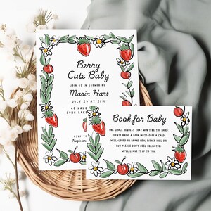 Zoete babyshoweruitnodiging Berry, kaartcombinatie boekverzoek, grillig, met de hand getekend, kers, aardbei, zoet, bewerkbare Canva-sjabloon