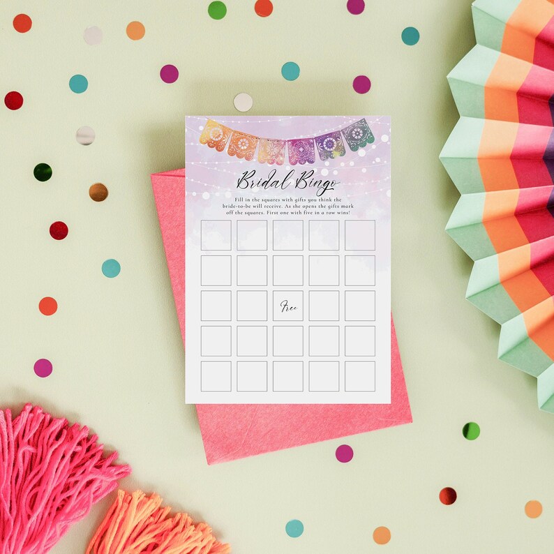 Fiesta Bridal Shower Bingo, Editable Shower Game Template, Cinco de Mayo theme, Festive, Wedding Shower Games, Instant Download, 5x7 image 1