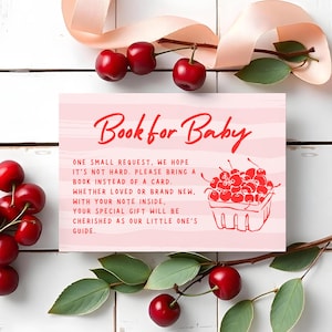 Cherry on Top Baby Shower boek verzoekkaart, boek voor baby, bewerkbare sjabloon, kersen, handgetekende, grillig, Canva, instant download