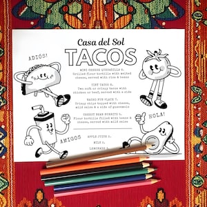 Menú de restaurante para niños, plantilla editable, comida mexicana, tacos lindos, plantilla de Canva, menú para niños, página de actividades, mantel para colorear, descarga