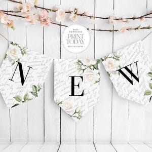 Banner de carta de amor para despedida de soltera / Nuevo capítulo / Tema literario de rosas blancas / Elegantes banderas de 5x7 / Plantilla editable de Canva / Deletrea cualquier frase