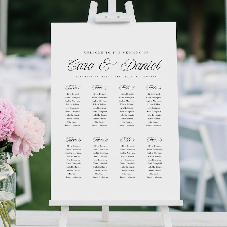 May include: A white wedding seating chart on an easel, with elegant calligraphy announcing "Cara & Daniel." The chart lists guest names under table numbers. The wedding date and location are also displayed.