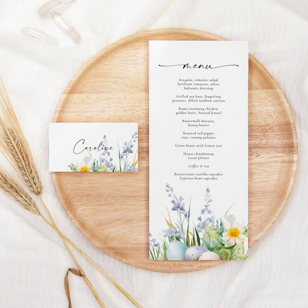Easter Brunch menu + place card / buffet labels, editable template, spring floral, Easter eggs, food labels, place setting, instant download