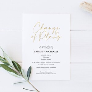 Plantilla de boda de cambio de planes / Aplazamiento o fuga / Descarga instantánea PDF / Oro / Plantilla imprimible o digital / 5x7