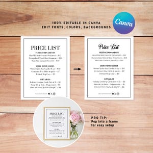 May include: Two price list templates with festive ornaments, cozy home goods, and giftables. The text reads "100% Editable in Canva" and "Edit Fonts, Colors, Backgrounds." A Canva logo is in the upper right corner. A smaller price list is in a frame.