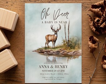 Oh Deer a Baby is Near Baby Shower Invitation, Hunting Deer Themed, Boy Baby Shower, Couples Shower, Fall, Editable Canva Template, 5x7