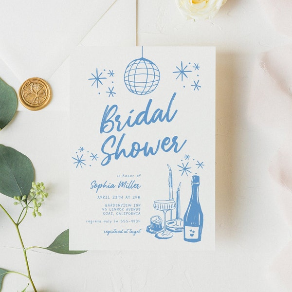 Disco Ball Bridal Shower Invitation, editable template, candles, wine, retro, cocktails, handwritten, hand drawn, doodles, instant download