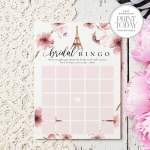 French Bridal Shower Bingo Game Printable - Parisian Cherry Blossoms & Eiffel Tower Theme, Paris, Pink, 5x7, Instant Download, Non-Editable