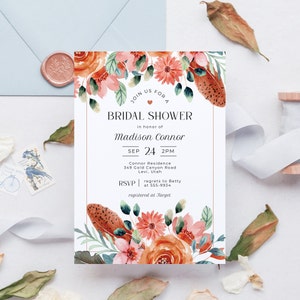 Boho Bridal Brunch Invitation, editable template, terracotta, orange, floral, feathers, fall wedding shower, greenery, instant download, 5x7