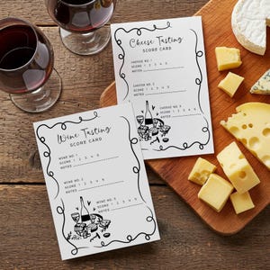 Tarjetas de puntuación para catas de vinos y quesos caprichosas / Dibujadas a mano / 5x7 (anverso y reverso imprimibles) / Califica 6 vinos y 6 quesos / Descargable / No editable