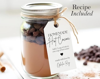 Zelfgemaakt label met warme cacao, inclusief recept, handgemaakte feestdagen, bewerkbare canvasjabloon, gezellig kerstcadeau