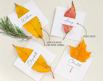 Editable Thanksgiving or Friendsgiving Place Cards, Elegant Nature-Inspired Template, 3"x3", Printable Download, Add Greenery or Fall Leaf