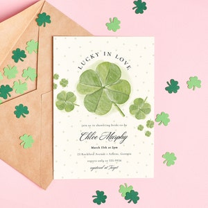 Lucky in Love Shamrock invitation, editable template, bridal or wedding shower, engagement, couples shower, Irish, instant download, 5x7