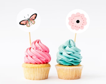 Butterflies & Blooms Stickers | Birthday Party | Instant Download PDF | Cupcake Toppers | Favor Stickers | Spring | Garden Party