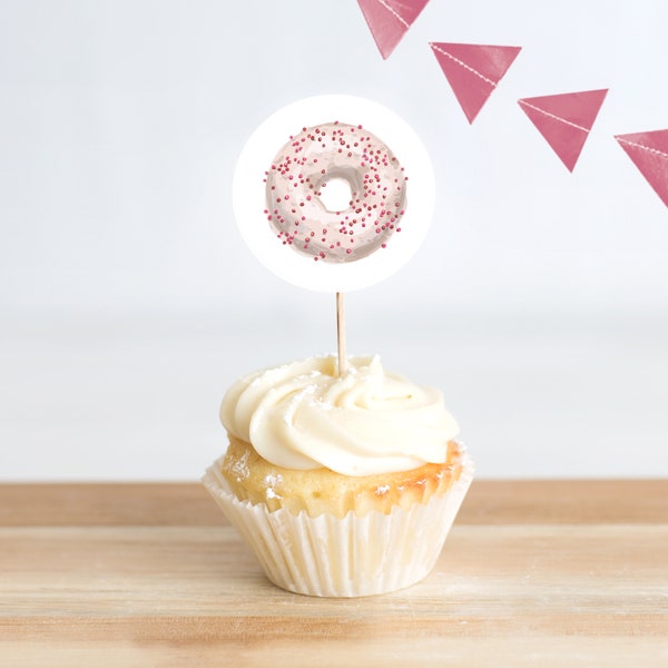 Donut Cupcake Toppers | Donut Birthday Theme | Instant Download PDF | Printable Stickers | Birthdays | Bridal or Baby Showers