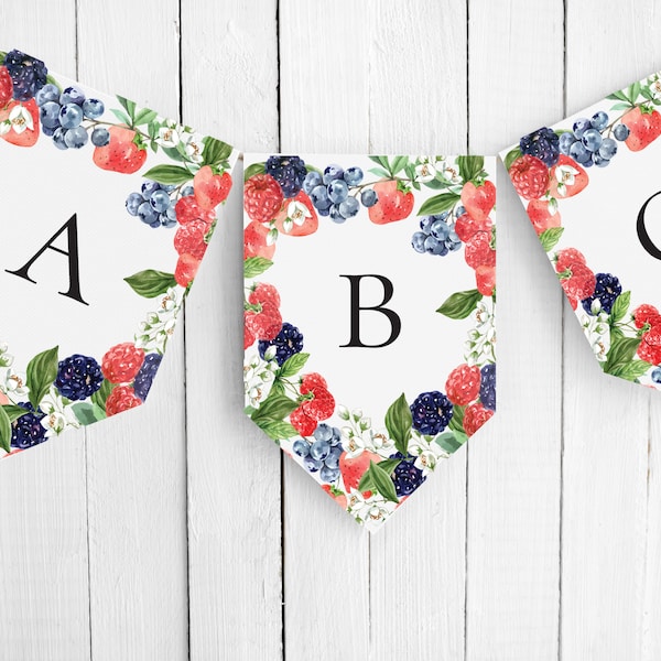 Berry letter banner, editable template, bridal or baby shower, birthday, strawberry, blueberry, spell anything, summer, instant download