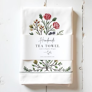 Modelo de etiqueta editável, pano de prato, tricô à mão, crochê, marketing para pequenas empresas, moderno, flores silvestres, feira de artesanato, 10,75" x 3", Canva