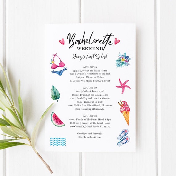 Beach Bachelorette Weekend Itinerary Editable Printable Etsy