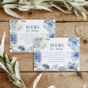 AFDRUKBAAR boek voor baby, boekverzoekkaart, babybibliotheek, stoffige blauwe wilde bloemen, boho, baby in bloei, download, 5 x 3,5, niet-bewerkbaar
