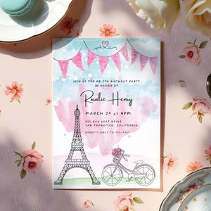 Paris Birthday Party Invitation, editable template, French, Parisian, Eiffel Tower, pink, watercolor sketch, instant download, Canva, 5x7
