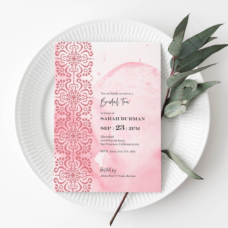 Moroccan-Themed Bridal Shower Invitation - Pink Watercolor