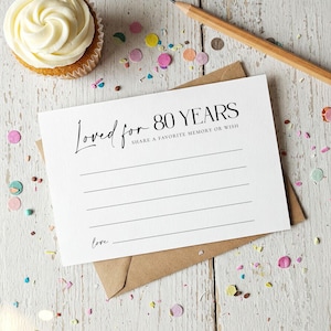 AFDRUKBAAR 80e verjaardag geheugen of wenskaart, verjaardagsfeestje, activiteit, modern, minimalistisch, zwart, 5 x 3,5, niet-bewerkbaar, instant download