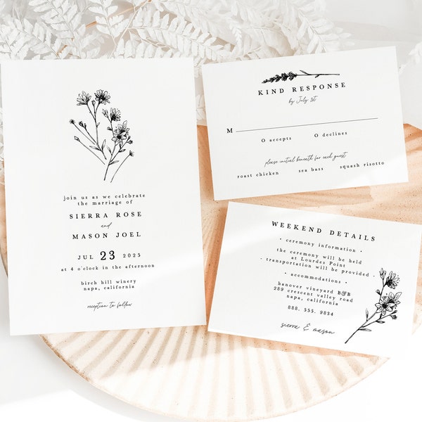 Minimalist Folk Wildflower Wedding Suite | Invitation, RSVP and Details Cards | Bohemian | Garden Wedding | Simple | Instant Download