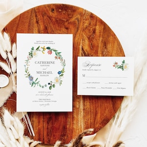 Vintage Wildflower Wedding | Invitation + Response Card | Editable Templates | Garden Wedding | Botanical Wreath | Instant Download