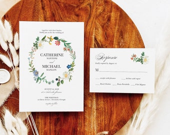 Vintage Wildflower Wedding | Invitation + Response Card | Editable Templates | Garden Wedding | Botanical Wreath | Instant Download