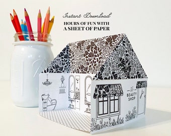 Salón de belleza imprimible, manualidad de papel plegable, actividad para colorear, descarga instantánea