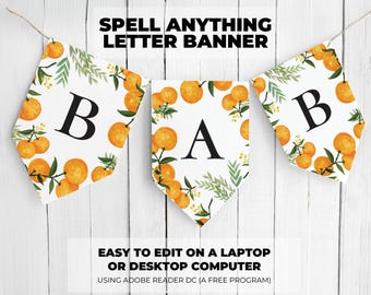 Orange Letter Banner, Spell Anything, Letters or Numbers, Citrus Birthday, Bridal or Baby Shower Printable Garland Sign