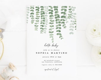 Hanging Greenery Baby Shower Invitation Template, Green Eucalyptus or Ivy, Modern + Simple, Gender Neutral, Instant Download, 5x7, Templett