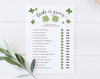 Bride or Groom Game, Lucky in Love Bridal Shower Game, couples shower, St. Patrick's Day, activity, shamrock, instant download, 5x7