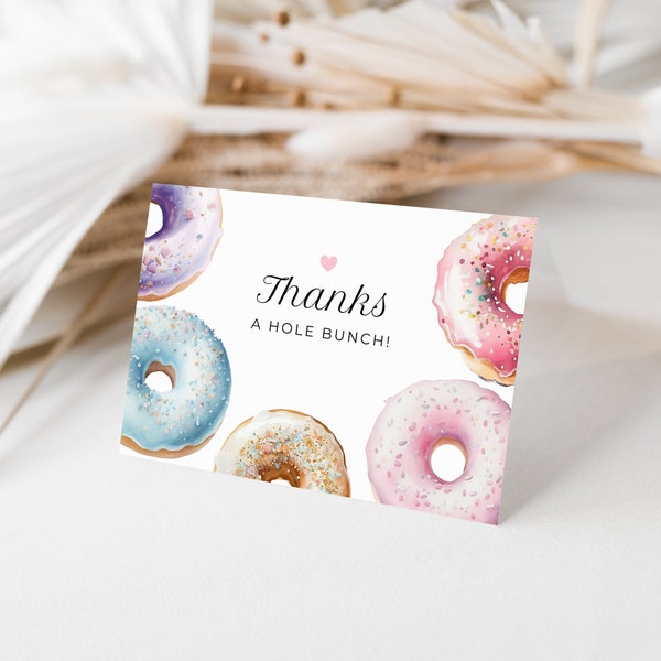 Donut thank you card, editable template, thanks a hole bunch, donut bridal or baby shower, birthday thanks, 5x3.5 folded, instant download