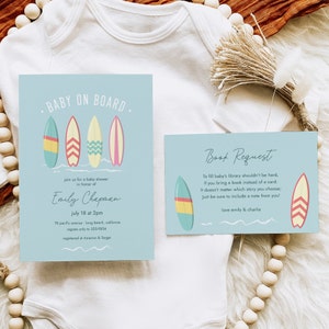 Invitation de baby shower de surf + carte de clôture | Modifiable | Bébé à bord | Plage | Demande de réservation ou détails | Téléchargement instantané | PDF 5x7