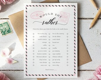 Travel Bridal Shower Game Card: Would She Rather (5x7) (PDF)