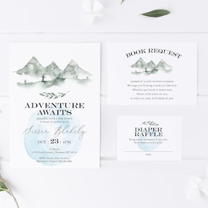 Mountain Baby Shower Kit | Editable Invite Template, Printable Book Request and Diaper Raffle Cards | Adventure Theme | Instant Download