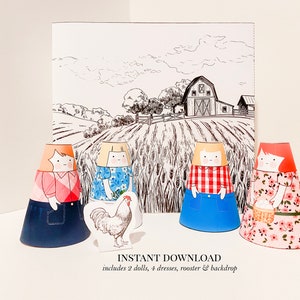 Printable Farm Girl Paper Doll Kit | Dolls, Dresses + Farm Backdrop | Instant Download | Print, Cut + Assemble | Paper Toy | Play Activity