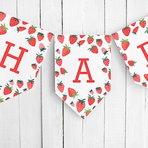 Banner de papel con forma de fresa para imprimir / Banner con letras y números editables / Diseño de frutos rojos / Banner de bienvenida / Cumpleaños, baby shower o despedida de soltera