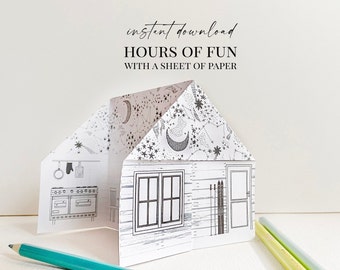 Printable Paper Cabin, Folding Paper Craft, Coloring Activity, Fun for All Ages, Instant Download