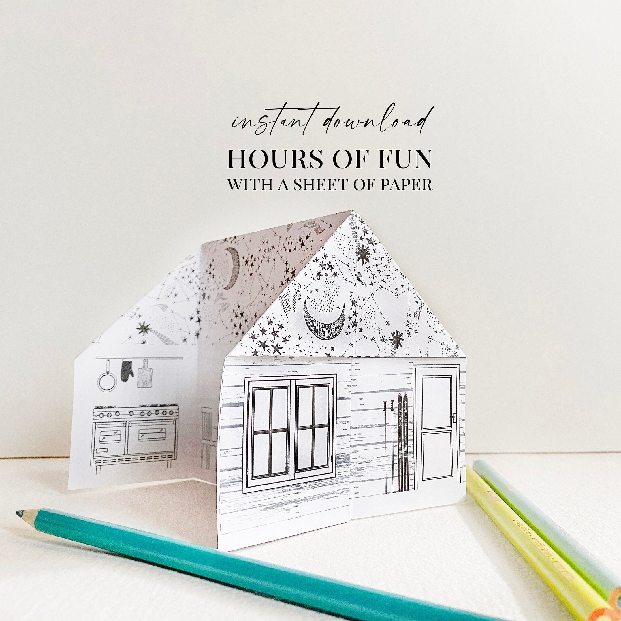 printable origami cabin starry night cabin coloring page etsy