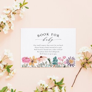 Book for Baby insert card, editable template, book request, baby's library, wildflowers, baby in bloom, floral, 5x3.5, instant download