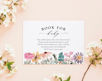 Book for Baby insert card, editable template, book request, baby's library, wildflowers, baby in bloom, floral, 5x3.5, instant download