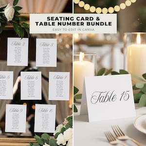 May include: A wedding stationery bundle featuring seating cards and table number cards. The cards are white with elegant black script. The image includes table numbers 2, 3, 5, 6, 7, 9, 10, and 15. The text "SEATING CARD & TABLE NUMBER BUNDLE" is displayed.