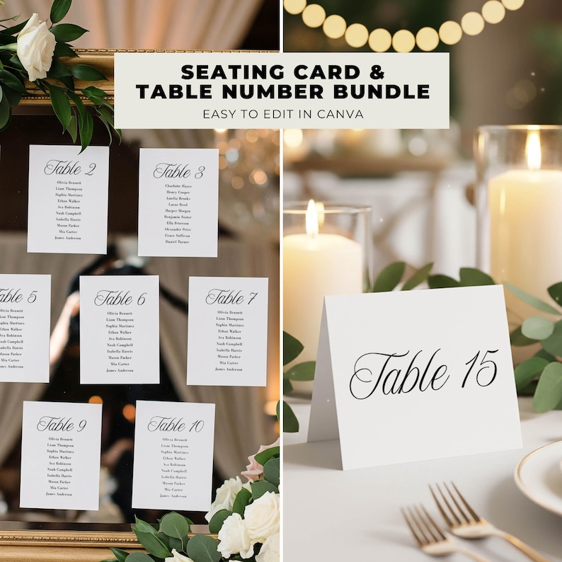 May include: A wedding stationery bundle featuring seating cards and table number cards. The cards are white with elegant black script. The image includes table numbers 2, 3, 5, 6, 7, 9, 10, and 15. The text "SEATING CARD & TABLE NUMBER BUNDLE" is displayed.