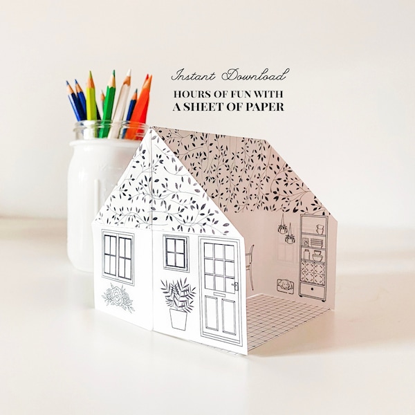 Afdrukbaar origami-papierhuis | Klimop huisje | Kleurplaat | Kinderactiviteit | Direct downloaden | Papieren poppenhuis | Papier ambacht