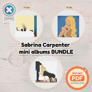 May include: A bundle of three cross-stitch patterns in embroidery hoops. The patterns depict pixelated images of Sabrina Carpenter. The text "Sabrina Carpenter mini albums BUNDLE" is displayed below the hoops. An "Instant PDF Download" graphic is also present.