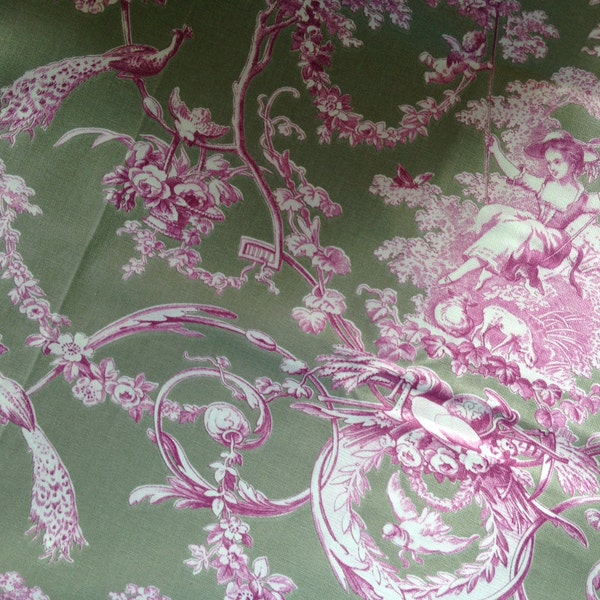 Vintage French Toile de jouy, sage green and soft plum, NOS