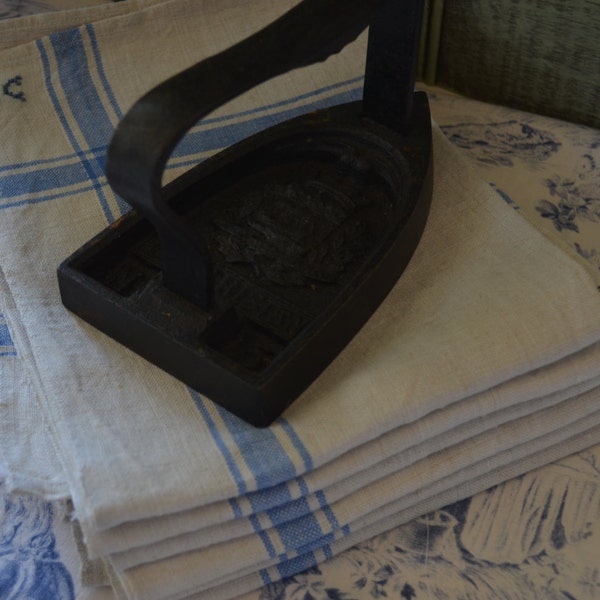 Vintage Traditional French Metis Torchon (Kitchen Towel), Cotton/Linen, Monogrammed... Blue Stripes