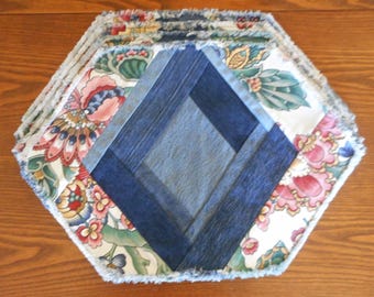 Set of 4 Flowered Denim Stretched Hexagon Placemats